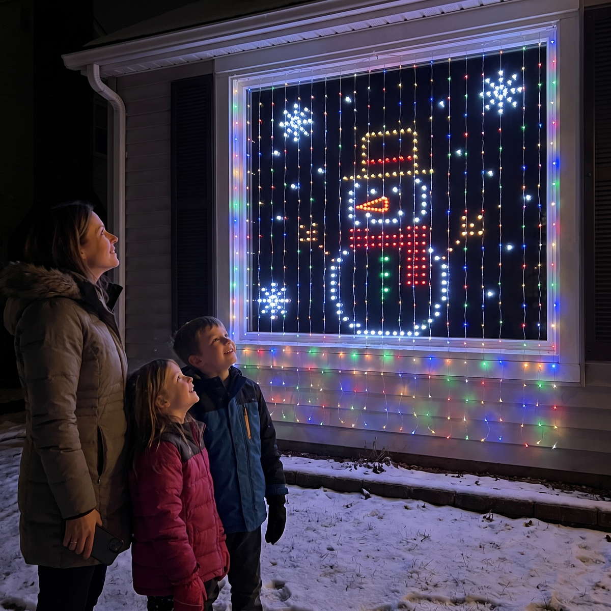 LED curtain showing a snowman on a front window