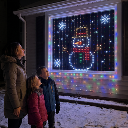 LED curtain showing a snowman on a front window